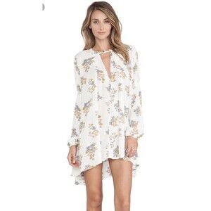 Free People Tree Swing Crepe Orchid Printer Choker Neck Tunic Gardenia Size Med